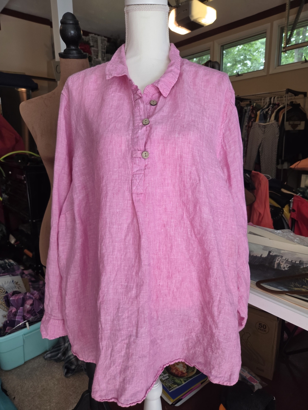 Cynthia Rowley Pink Ruffle Collar Button-Front Linen Tunic